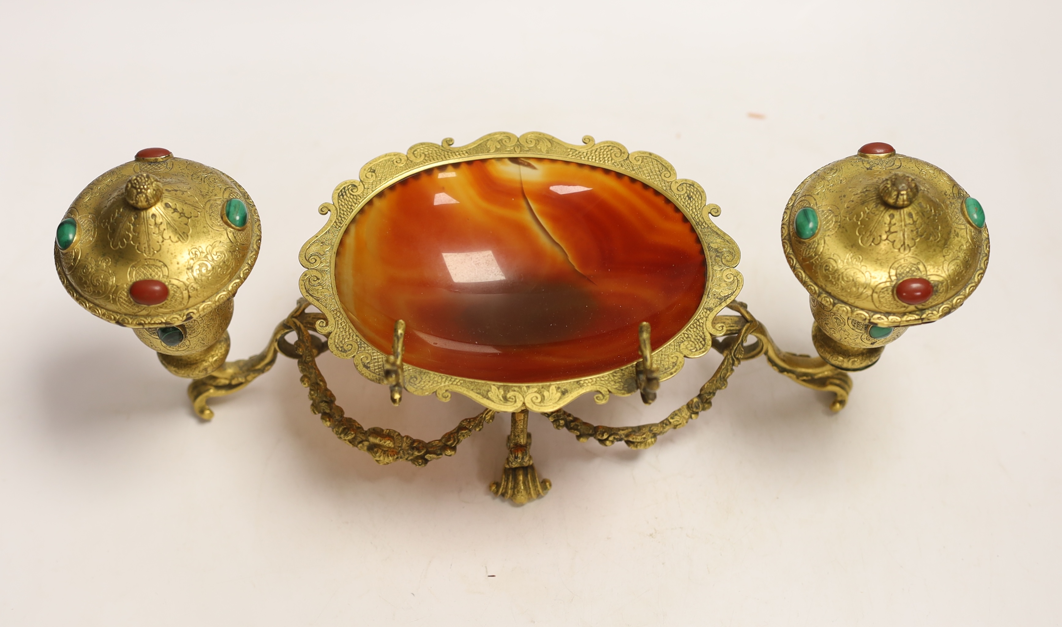 A late 19th century French ormolu and agate inkstand, 32cm wide